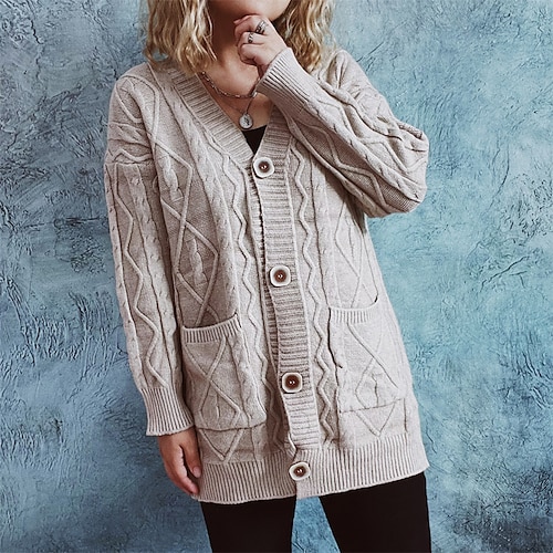 

Women's Cardigan Sweater Jumper Cable Knit Button Pocket Pure Color V Neck Stylish Casual Outdoor Daily Winter Fall Blue Pink S M L / Long Sleeve / Regular Fit / Going out