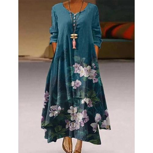 

Women's Casual Dress Swing Dress Long Dress Maxi Dress Green Blue White 3/4 Length Sleeve Floral Button Winter Fall Autumn V Neck Regular Fit 2022 S M L XL XXL XXXL 4XL 5XL