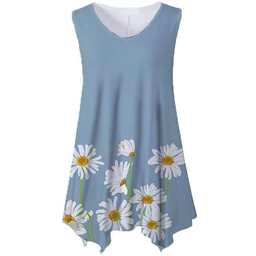 

Women's Plus Size Tops Tank Top Floral Print Sleeveless Crewneck Streetwear Daily Holiday Cotton Spandex Jersey Spring Summer White Blue