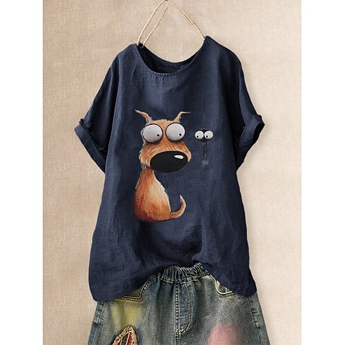 

Women's T shirt Tee Cartoon Casual Weekend Painting T shirt Tee Short Sleeve Print Round Neck Basic Essential Green Navy Blue M