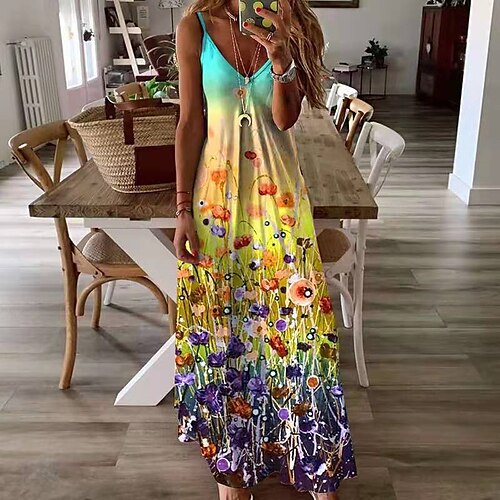 

Women's Floral Dress Slip Dress Long Dress Maxi Dress Green Blue Purple Sleeveless Floral Backless Spring Summer Spaghetti Strap Weekend Loose Fit 2022 S M L XL XXL 3XL