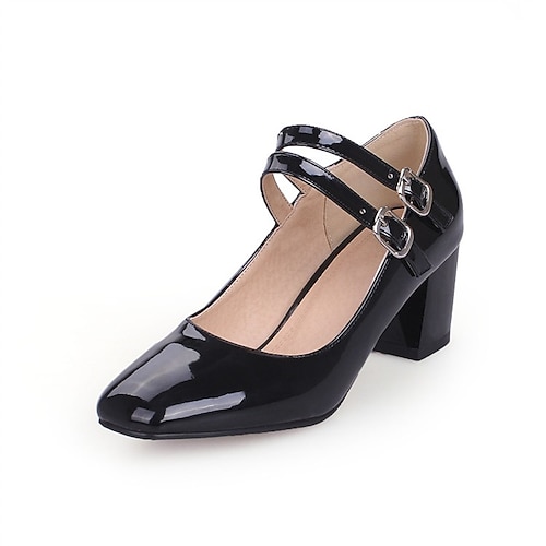 

Women's Heels Block Heel Square Toe Vintage Daily Patent Leather Ankle Strap Spring Summer Solid Colored White Black Red