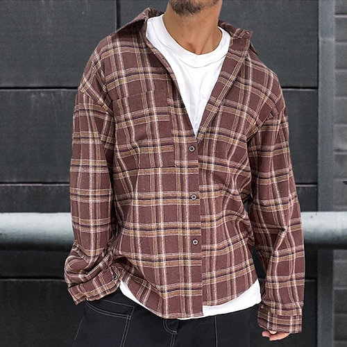 

Men's Flannel Shirt Shirt Jacket Shacket Shirt Plaid / Check Turndown Fuchsia Street Daily Long Sleeve Button-Down Clothing Apparel Fashion Casual Comfortable / Beach