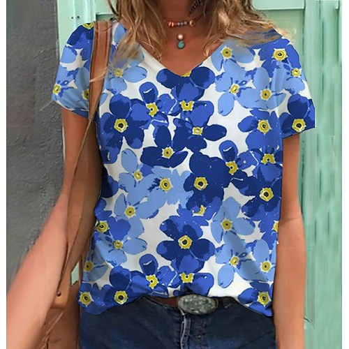 

Women's T shirt Tee Flower Casual Floral T shirt Tee Short Sleeve Print V Neck Vintage Green S / 3D Print