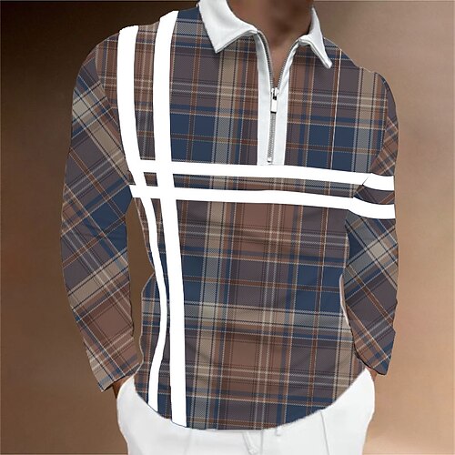 

Men's Collar Polo Shirt Golf Shirt Plaid Turndown Green Blue Khaki Red 3D Print Outdoor Street Short Sleeves Zipper Print Clothing Apparel Fashion Designer Casual Breathable / Summer / Spring