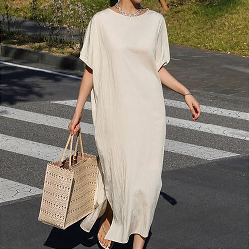

Women's Shift Dress Midi Dress Black Beige Short Sleeve Solid Color Split Spring Summer Crew Neck Stylish Casual 2022 S M L XL