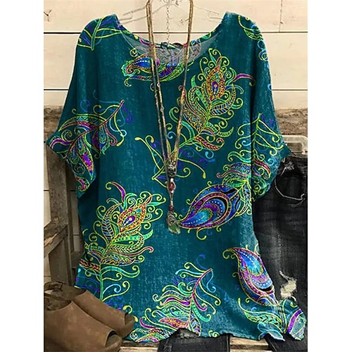 

Women's T shirt Tee Green Floral Print Short Sleeve Casual Daily Basic Round Neck Regular Loose Fit Floral S / 3D Print