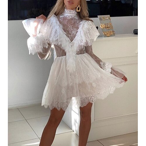 

Women's A Line Dress Short Mini Dress White Long Sleeve Pure Color Hollow Out Patchwork Fall Winter High Neck Fashion Modern Slim 2022 S M L XL