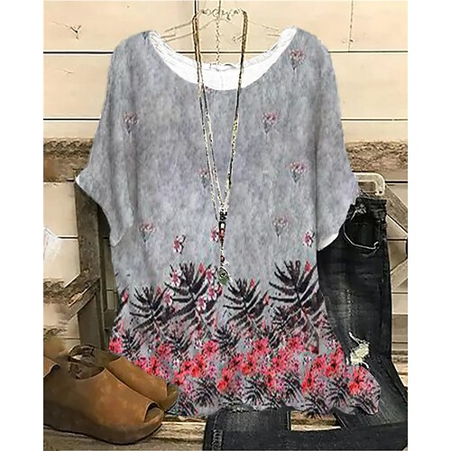

Women's Plus Size Tops Blouse Shirt Floral Print Half Sleeve Crewneck Streetwear Daily Sports Cotton Spandex Jersey Spring Summer Gray