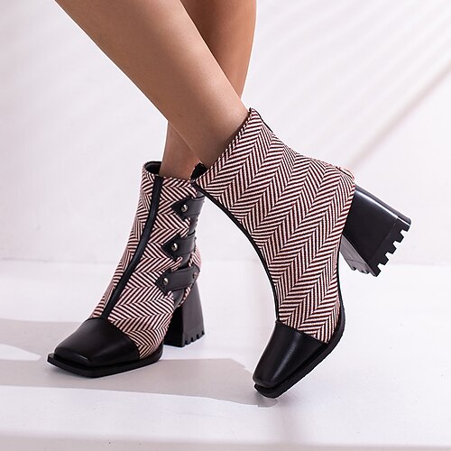 

Women's Boots Booties Ankle Boots Rivet Chunky Heel Square Toe Casual Party Daily PU Leather Zipper Fall Winter Color Block Black / White Black Burgundy / Booties / Ankle Boots
