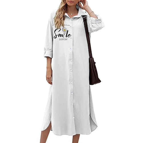 

Women's Shift Dress Midi Dress White 3/4 Length Sleeve Floral Letter Button Print Fall Spring Shirt Collar Casual Fashion 2022 S M L XL XXL 3XL