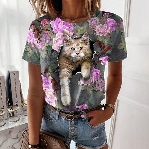 

Women's T shirt Tee Floral Cat 3D Casual Holiday Weekend Floral 3D Cat Painting T shirt Tee Short Sleeve Print Round Neck Basic Essential Purple Pink Yellow S / 3D Print