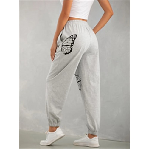 

Women's Casual / Sporty Athleisure Jogger Sweatpants Elastic Drawstring Design Print Full Length Pants Leisure Sports Weekend Micro-elastic Butterfly Comfort Mid Waist Gray S M L XL XXL