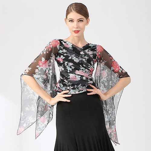

Ballroom Dance Top Leopard Print Printing Women's Performance Daily Wear Half Sleeve Acrylic Tulle