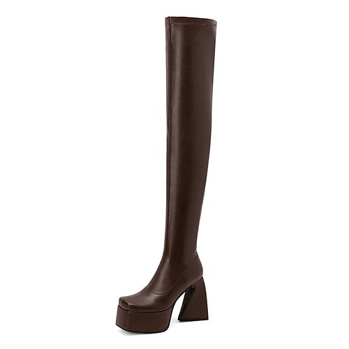 

Women's Boots Daily Over The Knee Boots Winter Chunky Heel Square Toe Minimalism PU Leather Zipper Solid Colored Dark Brown Black