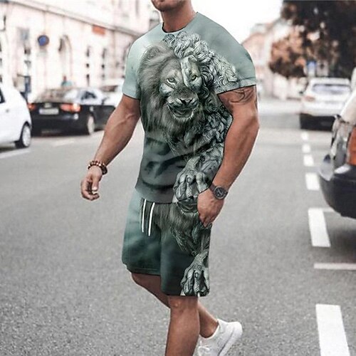 

Men's T-shirt Suits Tennis Shirt Graphic Animal Lion Crew Neck Black / Gray Purple Yellow Gray White 3D Print Street Daily Short Sleeve Print Clothing Apparel 2pcs Basic Fashion Lightweight Casual