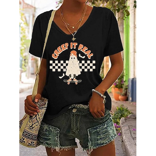 

Women's T shirt Tee Graphic Patterned Letter Halloween Casual Daily T shirt Tee Short Sleeve Print V Neck Basic Green Black Blue S