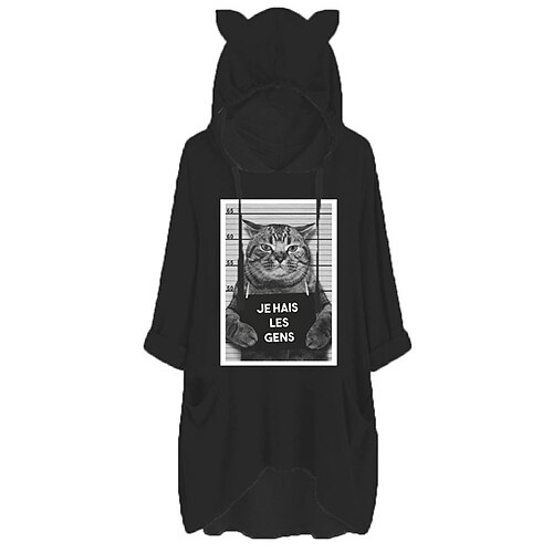

Women's Shift Dress Short Mini Dress Black Long Sleeve Fall Cat Letter Animal Pocket Print Fall Spring Hooded Casual 2022 S M L XL XXL 3XL