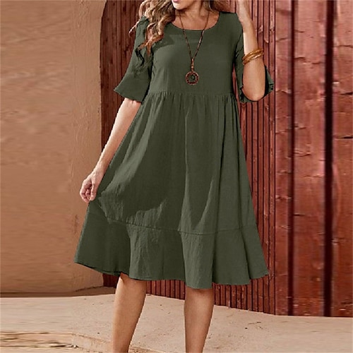 

Women's Casual Dress Midi Dress Pink Army Green Navy Blue Short Sleeve Pure Color Ruched Fall Spring Autumn Crew Neck Weekend Loose Fit 2022 S M L XL XXL 3XL 4XL 5XL