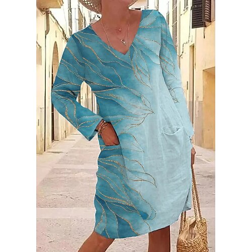 

Women's A Line Dress Knee Length Dress Blue Long Sleeve Print Print Spring Summer V Neck Stylish Casual 2022 S M L XL XXL 3XL 4XL