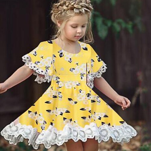 

Kids Girls' Dress Floral A Line Dress Above Knee Dress Birthday Print Cotton Short Sleeve Cute Dress 2-6 Years Spring Yellow