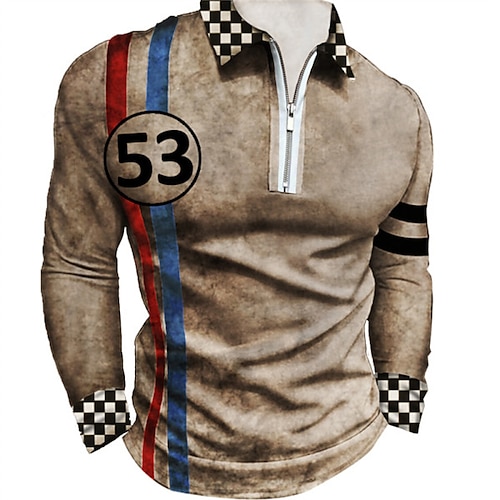 

Men's Collar Polo Shirt Golf Shirt Text Turndown Khaki 3D Print Street Daily Long Sleeve Zipper 3D Clothing Apparel Fashion Casual Comfortable / Beach