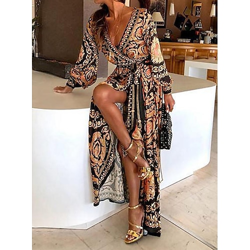 

Women's A Line Dress Maxi long Dress Yellow Long Sleeve Floral Print Ruched Print Spring Summer V Neck Casual Modern 2022 S M L XL XXL 3XL