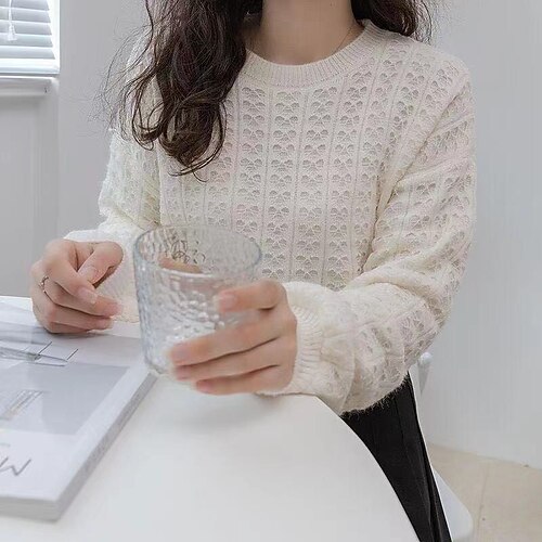 

Women's Pullover Sweater Jumper Crochet Knit Knitted Pure Color Crew Neck Stylish Casual Daily Holiday Fall Winter Green White One-Size / Long Sleeve / Regular Fit / Going out