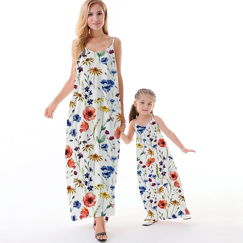 

Mommy and Me Dresses Floral Causal Backless White Sleeveless Maxi Strap Dress Active Matching Outfits