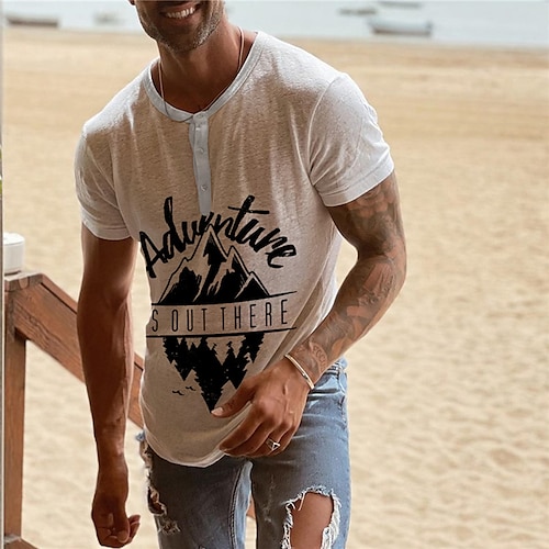 

Men's Henley Shirt Tee T shirt Tee Graphic Patterned Mountain Henley Daily Sports Button-Down Print Short Sleeve Tops Designer Basic Casual Classic White / Summer