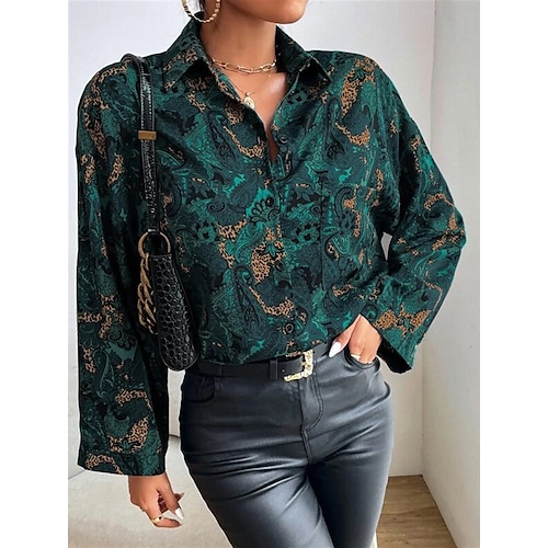 

Women's Blouse Paisley Leopard Daily Weekend Blouse Shirt Long Sleeve Button Print Shirt Collar Casual Streetwear Green Gray S / 3D Print