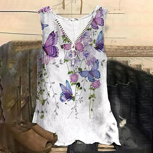 

Women's Plus Size Tops Tank Top Floral Butterfly Zipper Print Sleeveless V Neck Streetwear Daily Holiday Cotton Spandex Jersey Spring Summer White