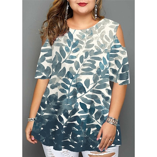 

Women's Plus Size Tops Blouse Shirt Floral Cut Out Print Half Sleeve Crewneck Streetwear Daily Going out Cotton Spandex Jersey Spring Summer Blue khaki