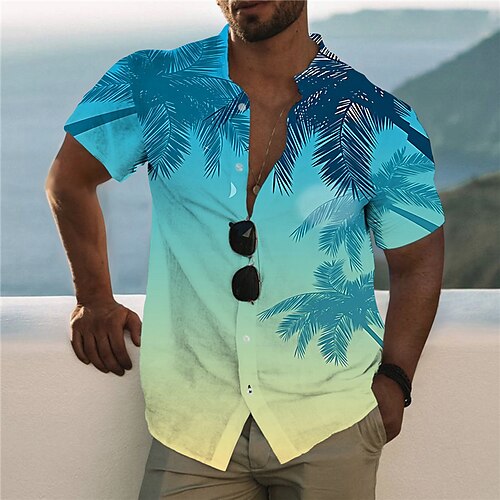 

Men's Shirt 3D Print Coconut Tree Stand Collar Casual Daily Button-Down Print Short Sleeve Tops Designer Casual Fashion Comfortable Blue / Sports