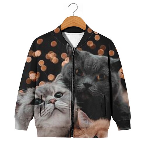 

Kids Boys Coat Outerwear Animal Cat Long Sleeve Zipper Coat Street Active Streetwear Cool Black Fall Spring 3-12 Years