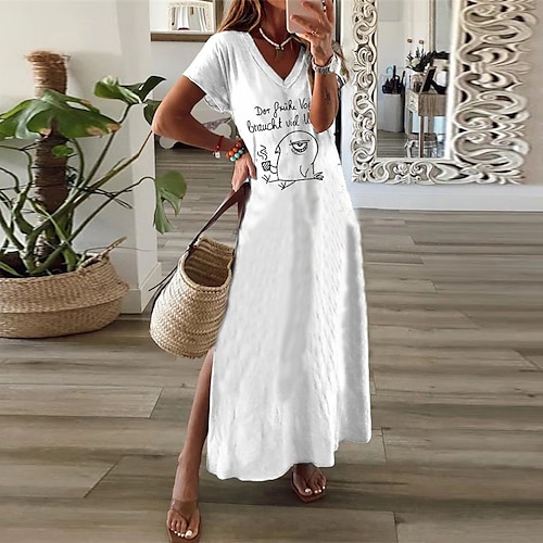 

Women's Shift Dress Maxi long Dress White Short Sleeve Letter Animal Split Print Spring Summer V Neck Casual Vacation 2022 S M L XL XXL 3XL