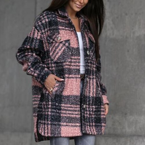 

Women's Winter Coat Outdoor Daily Wear Vacation Going out Pocket Single Breasted Turndown Casual Street Style Shacket Stripes and Plaid Regular Fit Outerwear Long Sleeve Winter Fall Purple Pink Gray