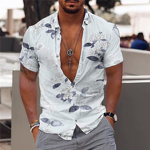 

Men's Shirt Graphic Shirt Floral Turndown Blue 3D Print Outdoor Street Short Sleeves Button-Down Print Clothing Apparel Fashion Designer Casual Breathable / Summer / Spring / Summer
