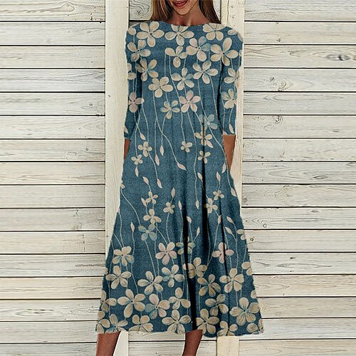 

Women's Shift Dress Midi Dress Blue Gray Navy Blue 3/4 Length Sleeve Floral Ruched Print Fall Spring Round Neck Casual Vacation 2022 S M L XL XXL 3XL
