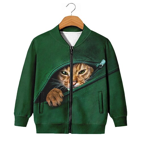 

Kids Boys Coat Outerwear Animal Cat Long Sleeve Zipper Coat Street Active Streetwear Cool Green Fall Spring 3-12 Years