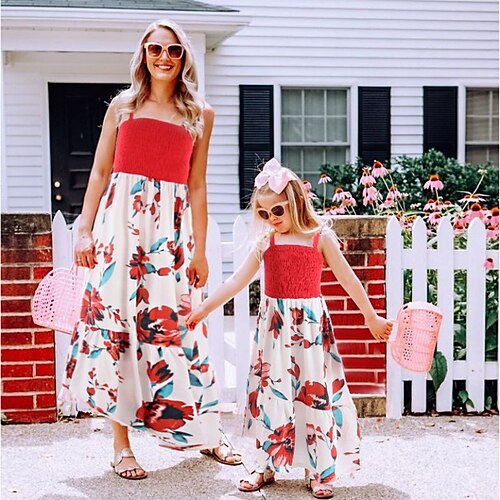 

Mommy and Me Dresses Floral Daily Red Sleeveless Asymmetrical Strap Dress Active Matching Outfits