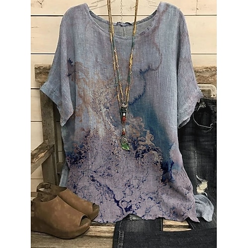 

Women's Blouse Print Multi Color Daily Round Neck T-shirt Sleeve Standard Summer Green Blue Pink Yellow Grey / Loose Fit