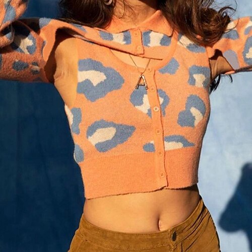 

Women's Sweater Vest Jumper Ribbed Knit Knitted Cold Shoulder Leopard Crew Neck Stylish Casual Holiday Going out Fall Winter Gray Orange S M L / Sleeveless