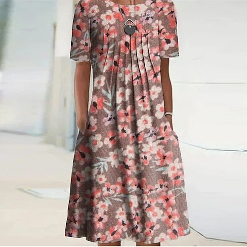 

Women's Shift Dress Knee Length Dress Pink Short Sleeve Floral Pocket Print Spring Summer Crew Neck Casual Vacation 2022 S M L XL XXL 3XL