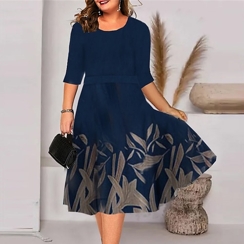 

Women's Plus Size Holiday Dress Floral Crew Neck Print Half Sleeve Spring Fall Work Midi Dress Holiday Date Dress