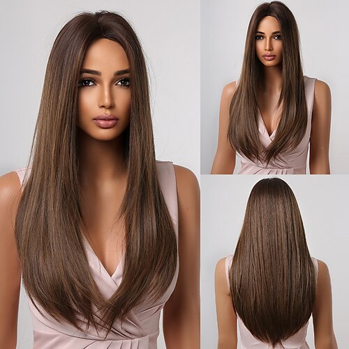 

HAIRCUBE Long Straight Synthetic Wigs Dark Brown Blonde Hair for Women Daily