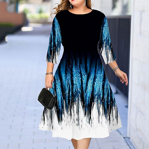 

Women's Plus Size Holiday Dress Geometric Crew Neck Print 3/4 Length Sleeve Fall Spring Work Midi Dress Daily Vacation Dress