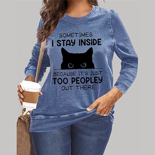 

Women's Plus Size Tops Pullover Sweatshirt Hoodie Sweatshirt Animal Cat Print Long Sleeve Crewneck Streetwear Daily Vacation Microfiber Fall Winter Blue Gray