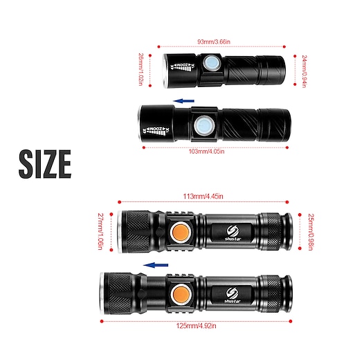 Super bright Rechargeable LED Flashlight With Tail USB Charging Head Zoomable waterproof Torch Portable light 3 Lighting modes Built-in battery