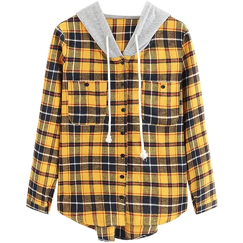 

Women's Plus Size Jacket Pocket Button Plaid Causal Vacation Long Sleeve Hoodie Regular Fall Spring Green White Yellow L XL XXL 3XL